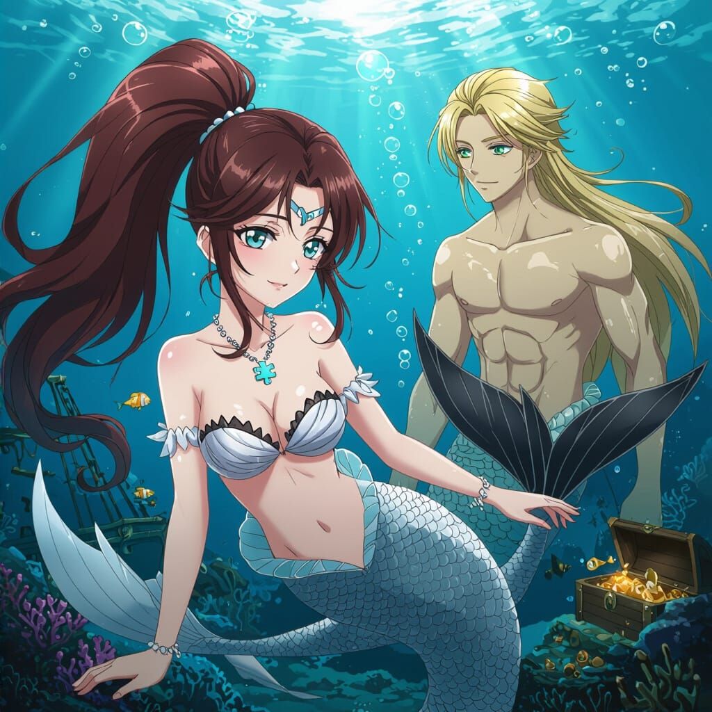 Anime Mermaid and Merman Swimming in the Sea
