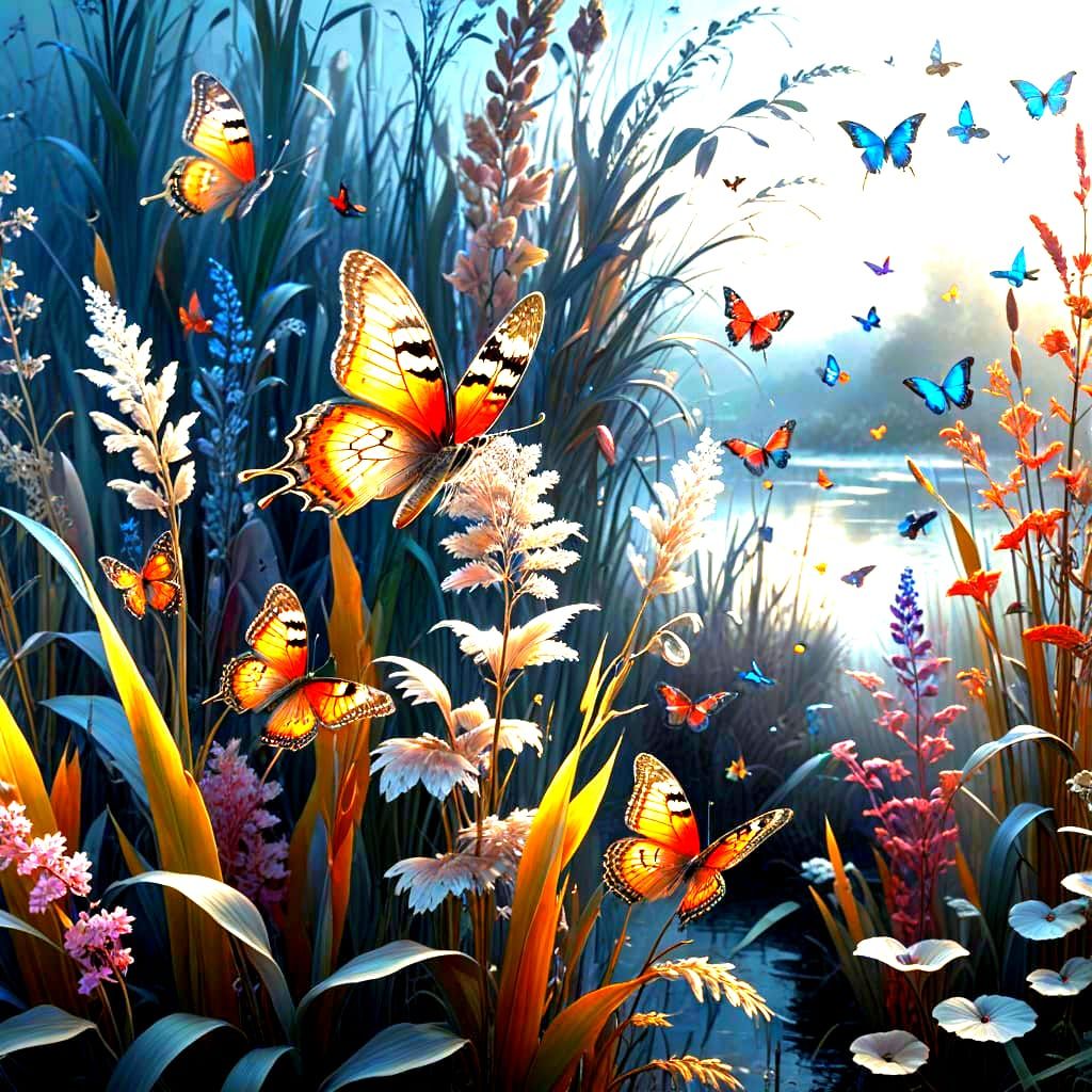 Ethereal Reed Landscape Covered in Vibrant Butterflies