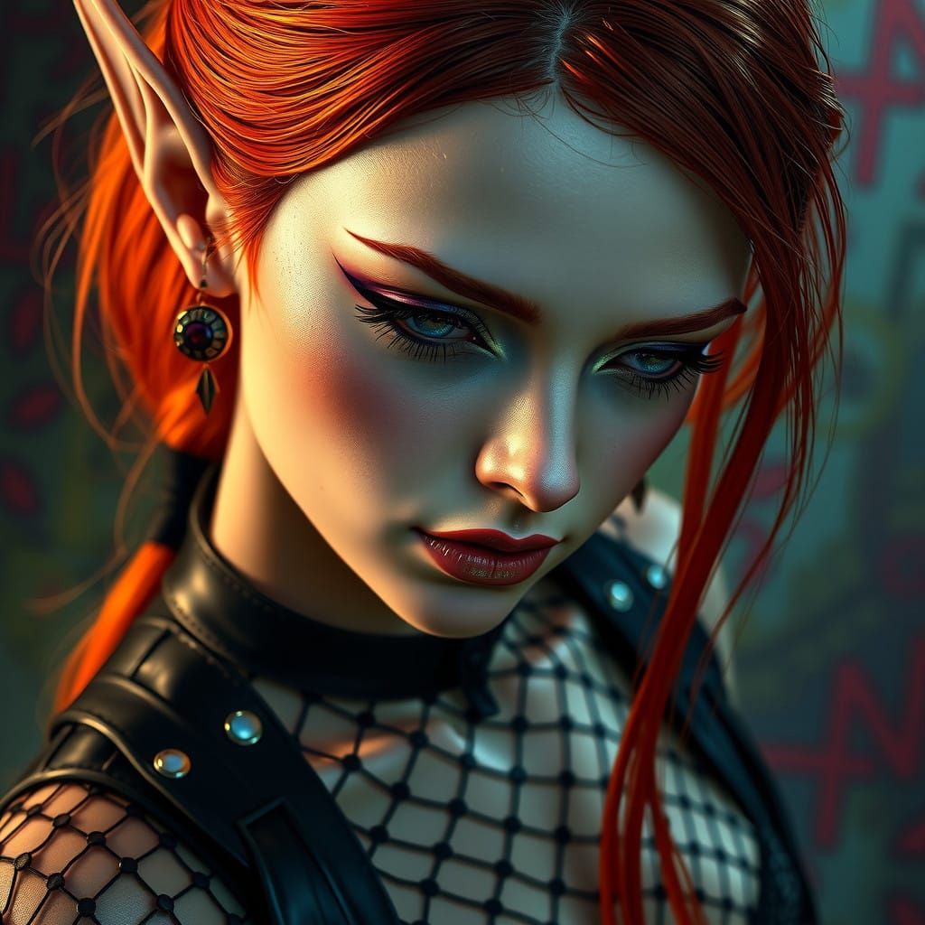 Gothic Elf with Red Hair and Piercing Blue Eyes