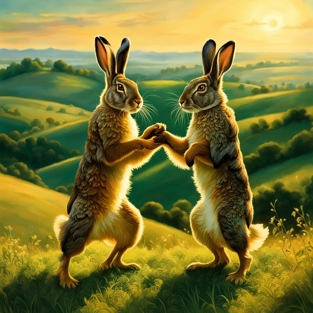 Hares Practicing Karate in a Whimsical Landscape