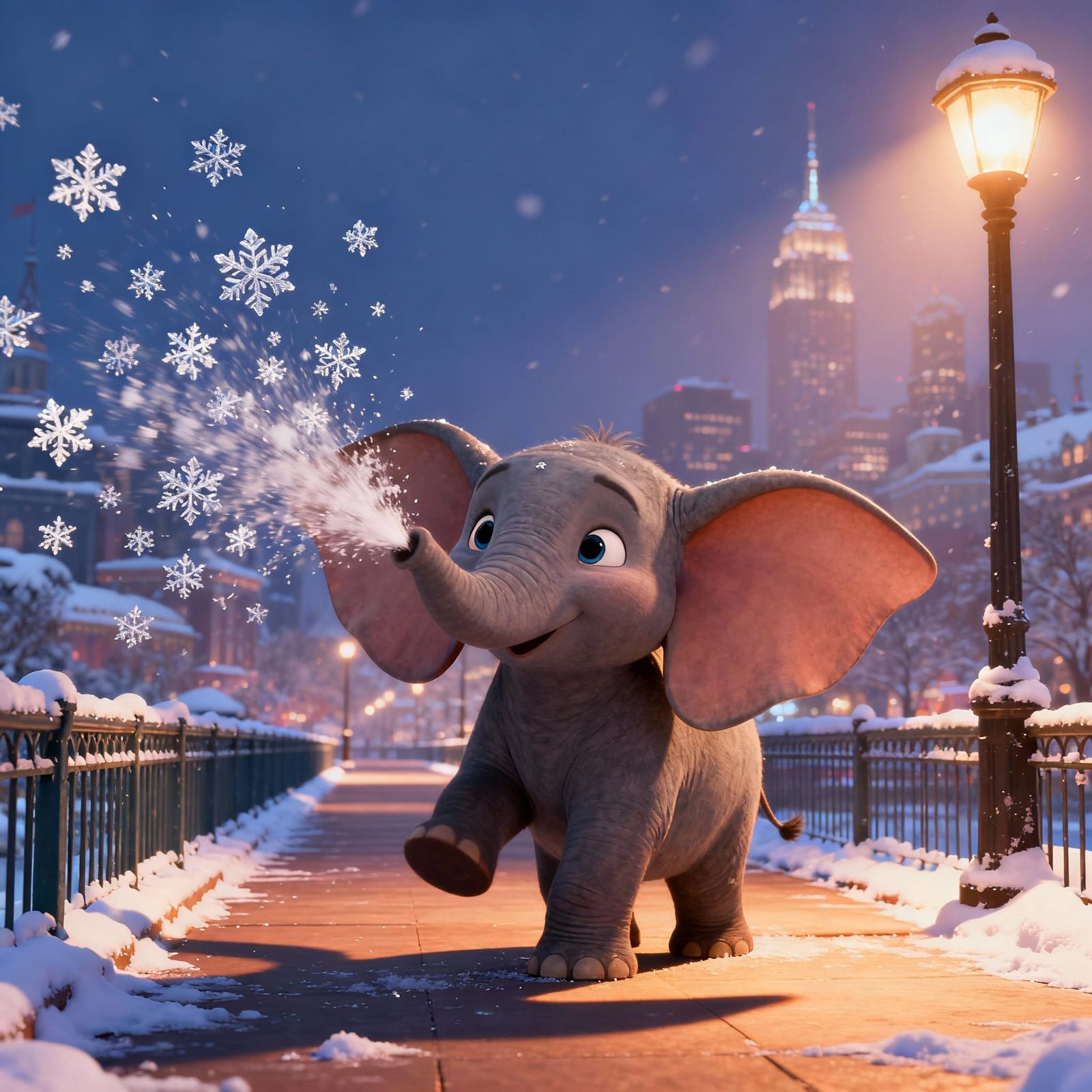 Dumbo Elephant Clears Snow in Winter Cityscape
