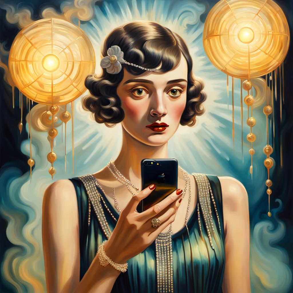 Surreal 1920s Flapper with iPhone, Salvador Dali Style