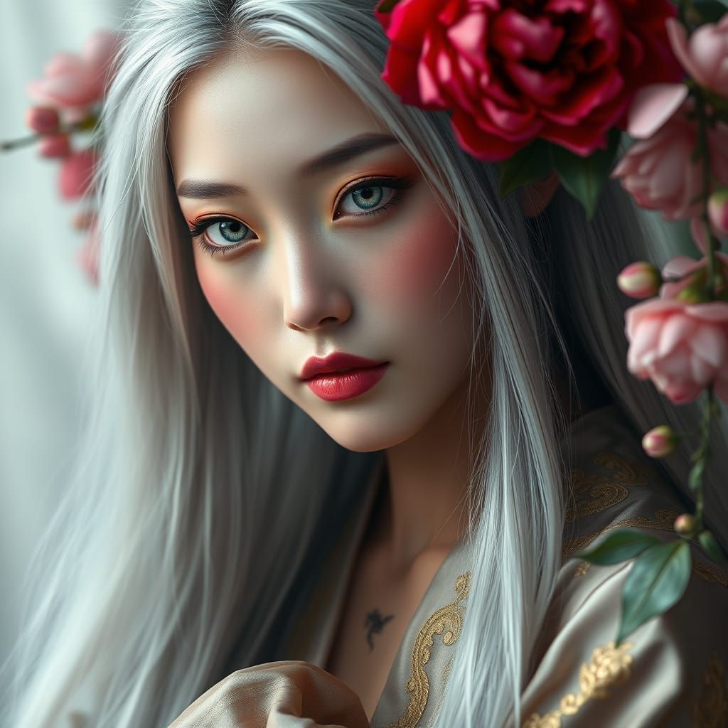 Elegant Asian Woman with Silver Hair and Red Peony