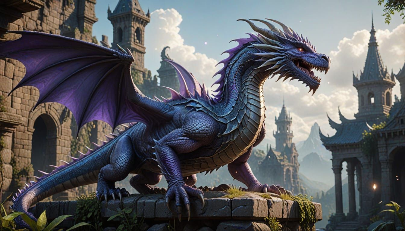 Majestic Silver Violet Dragon Amidst Ancient Ruins