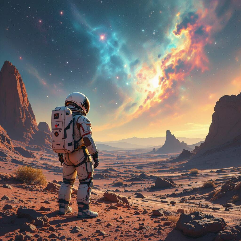 Astronaut Gazing at Nebula on Alien Planet