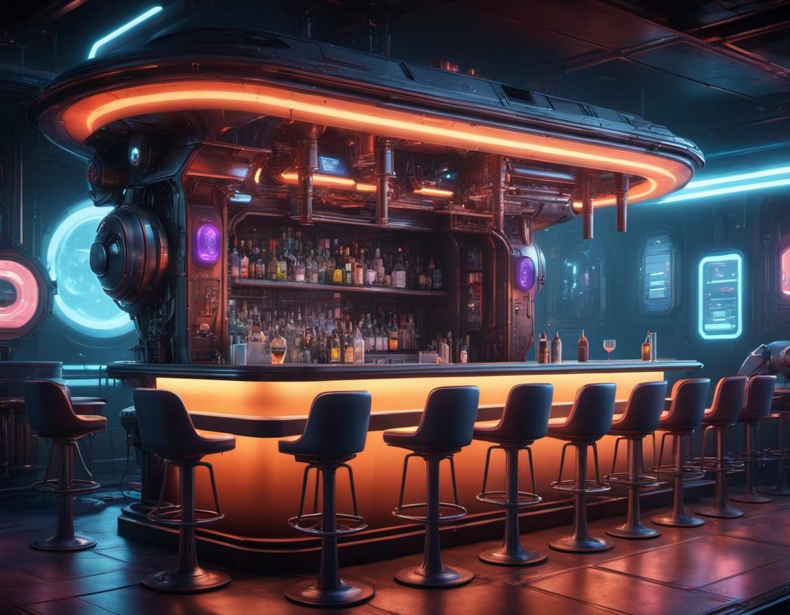 Futuristic Robot Bar in Cyberpunk Digital Art