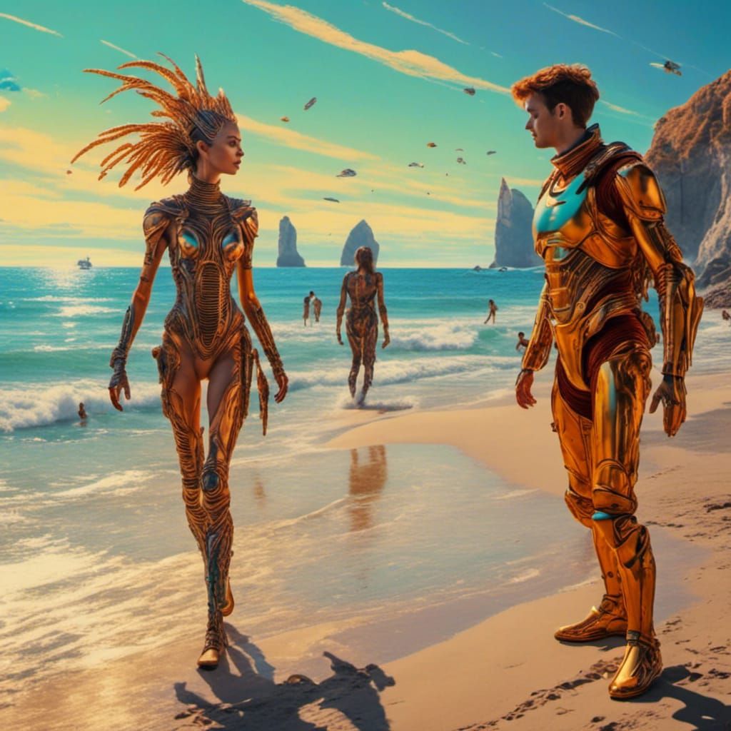 Couple Walking on Sunny Italian Beach in Biopunk Style