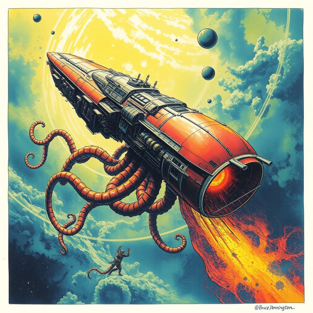 Ethereal Spaceship Entwined by Cosmic Squid in Vibrant, Impr...