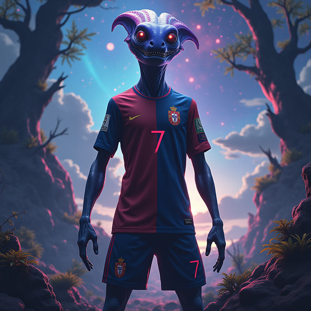 Alien Soccer Star in Sci-Fi Landscape