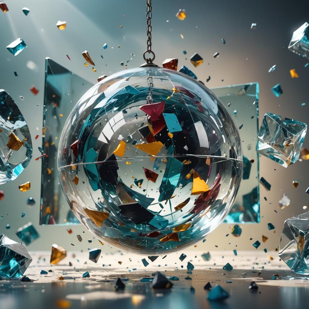 Glass Sphere Shatters Cube: Hyperrealistic Splash Art