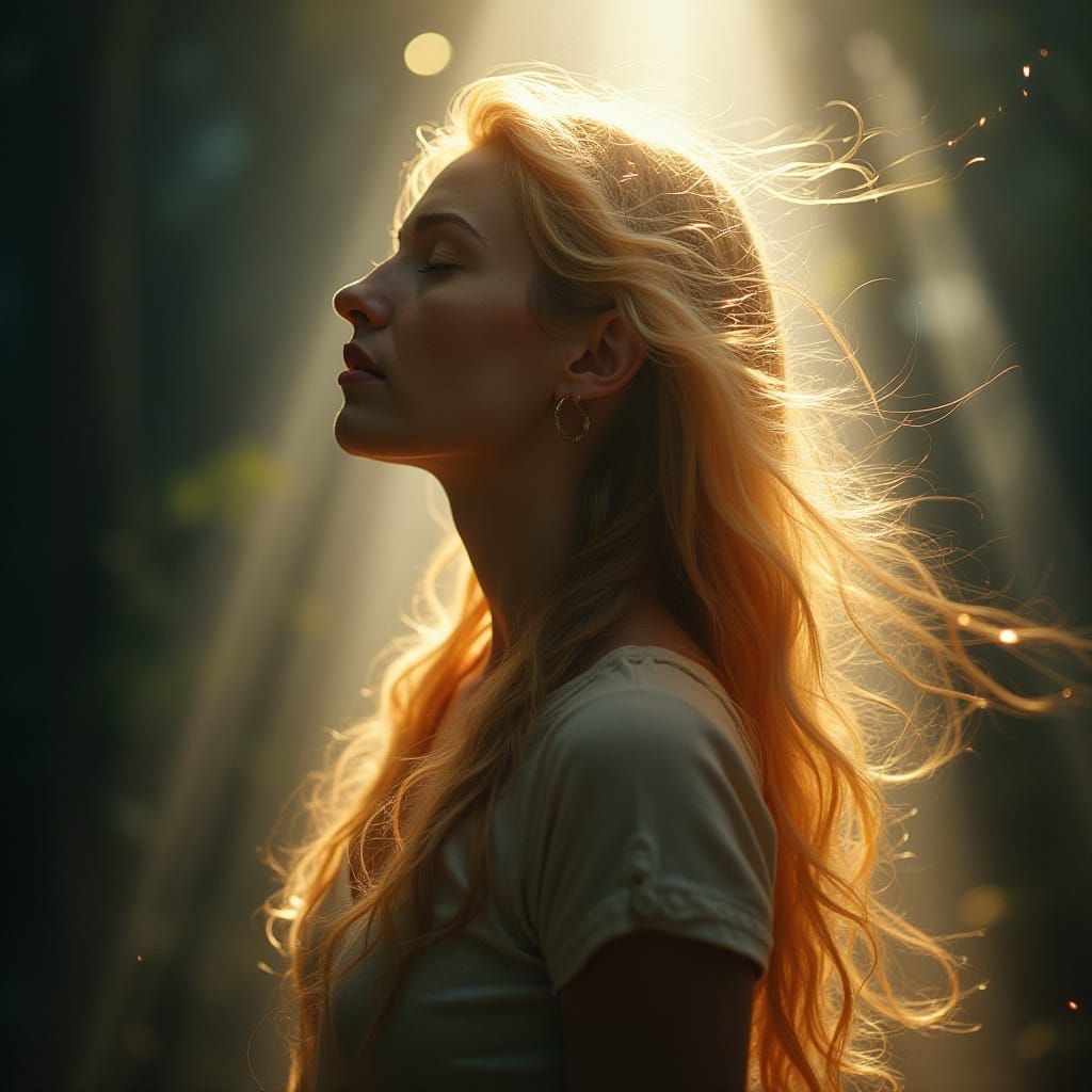 Woman with Hair Blown by Wind Illuminated by Golden Aura Und...