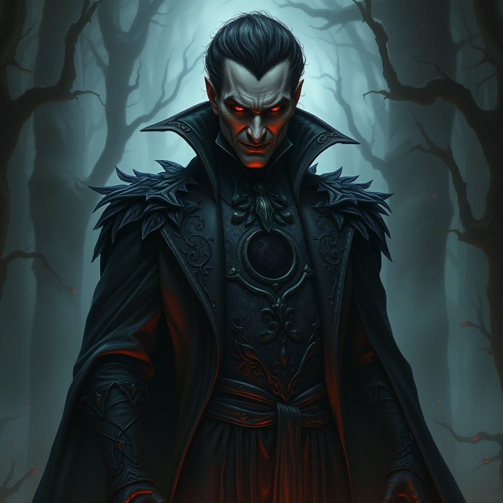 Villainous Figure in Misty Forest with Glowing Eyes