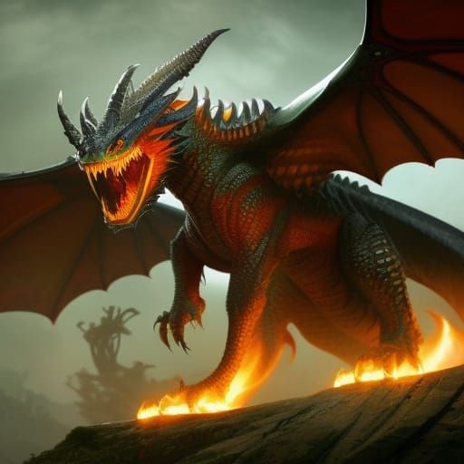 Fierce Dragon Breathing Fire: Hyperdetailed Fantasy Art