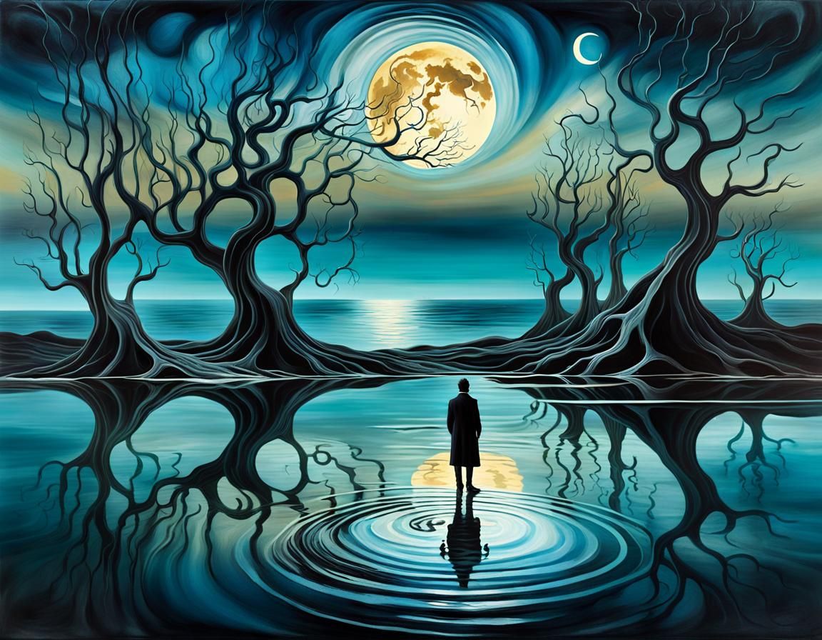 Surrealist Figure Contemplates Infinity on Dark Ocean Shore