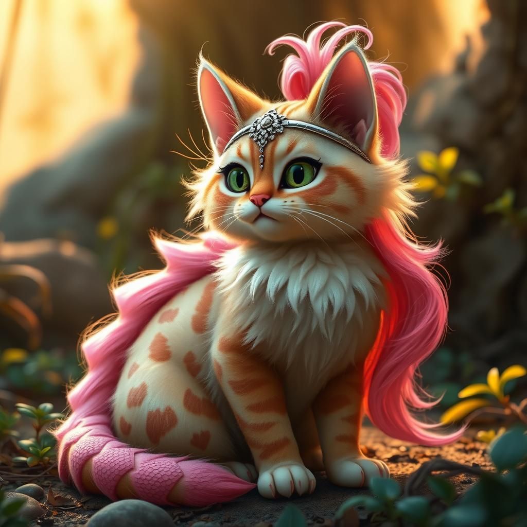 Fantasy Dragon Cat with Pink Hair and Silver Headband