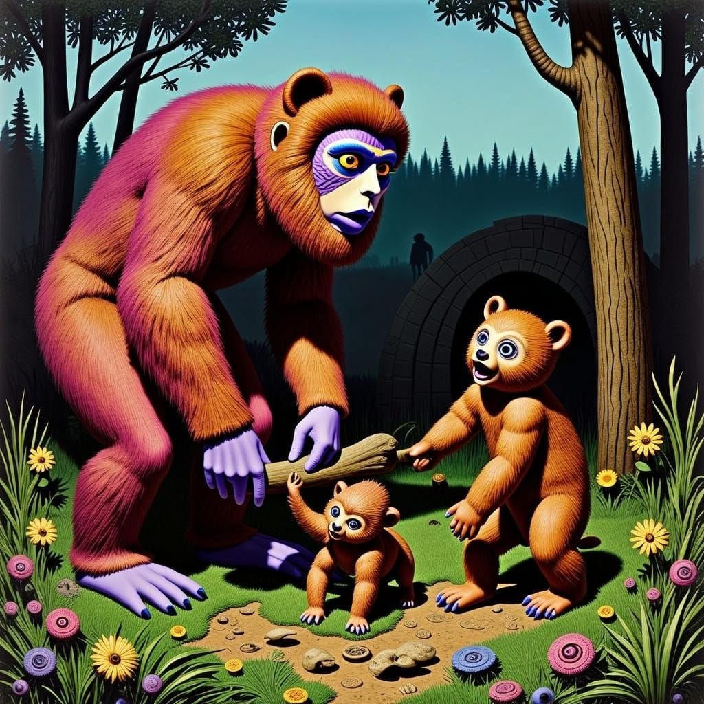 Sasquatch Portrait with Bear Cubs, in Gouache Style