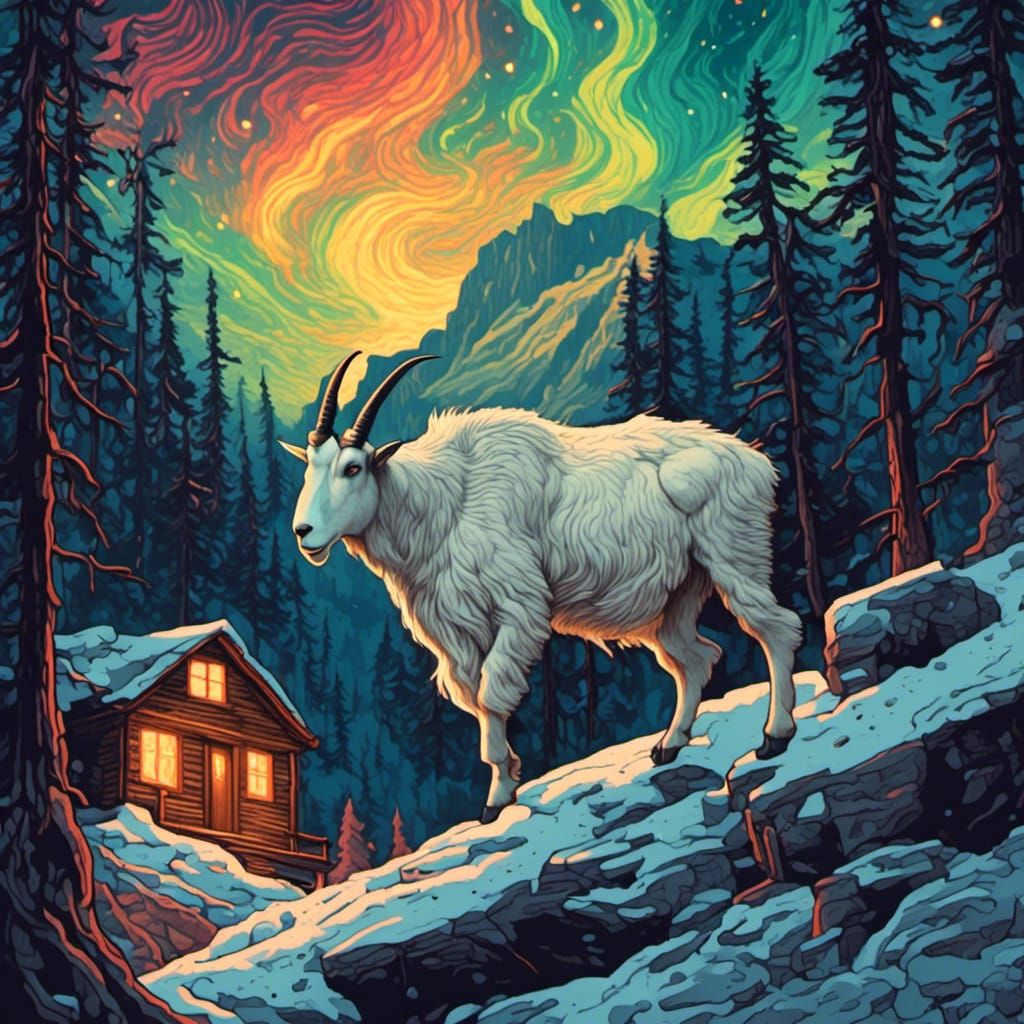 Mountain Goat Under Northern Lights, Linocut Style