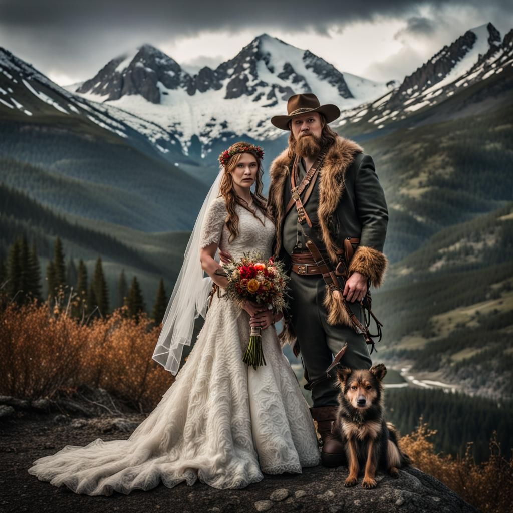 Fantasy Frontier Wedding of Mountain Hunters in Hyperrealism