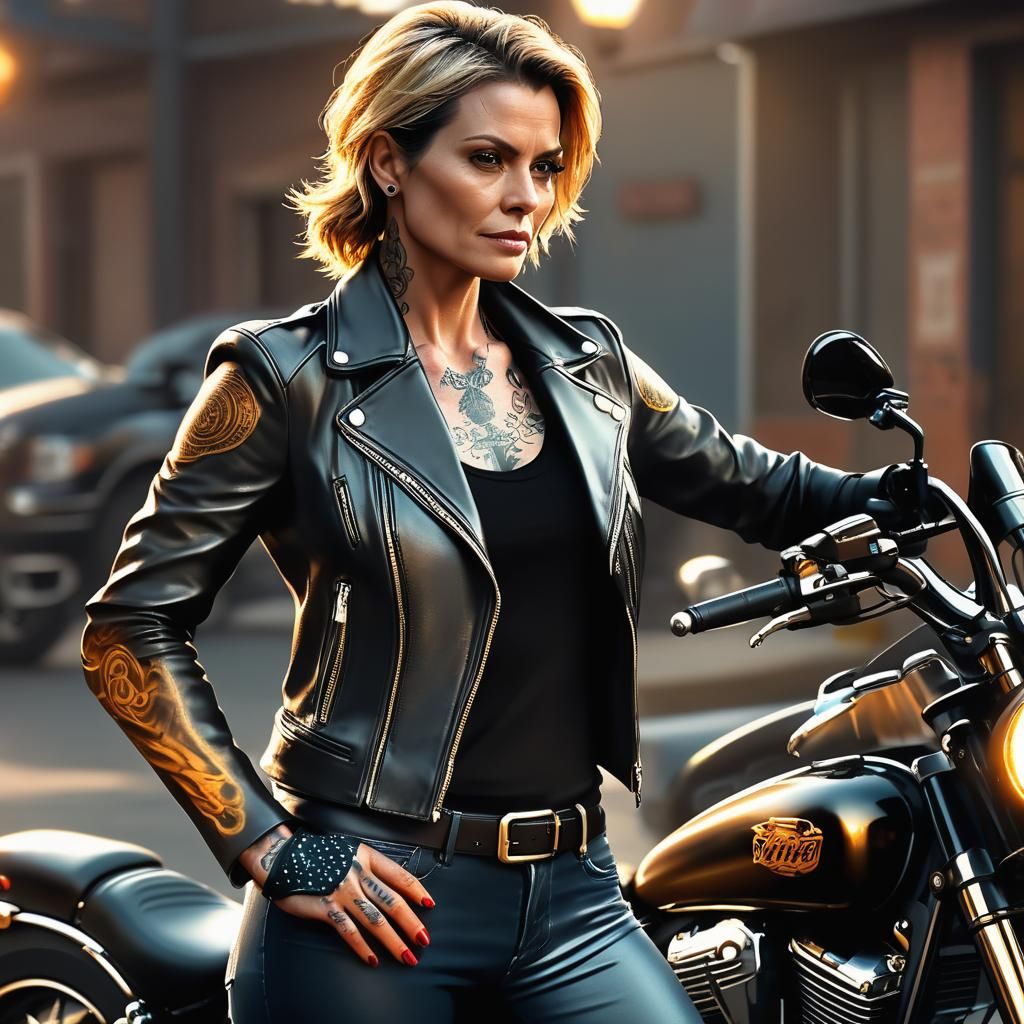 Confident Woman with Motorcycle: Hyperrealistic Digital Port...