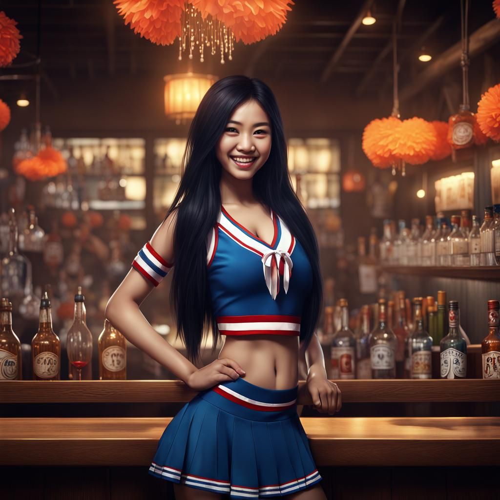Thai Cheerleader in Bar: Detailed Matte Painting