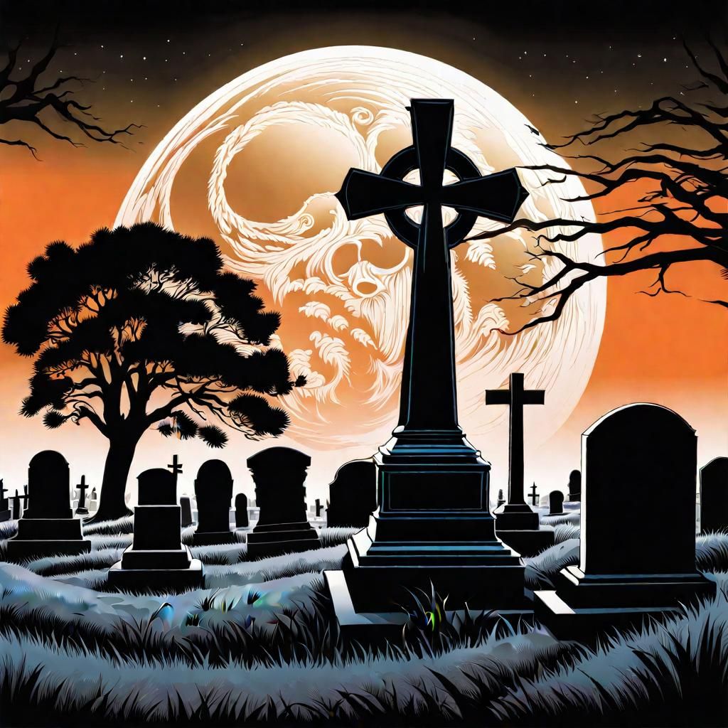 Vintage Horror Cemetery Under Full Moon Vector Art