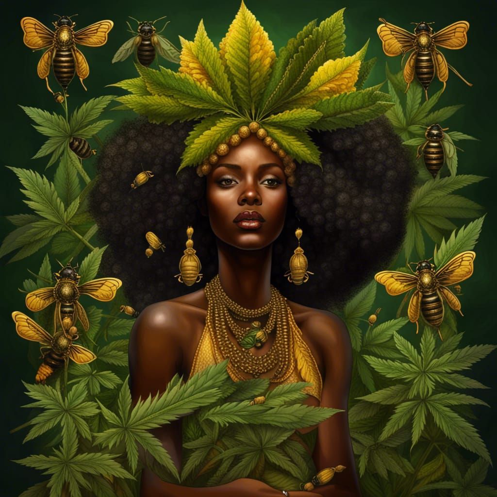 Black Woman as Cannabis Goddess with Bees