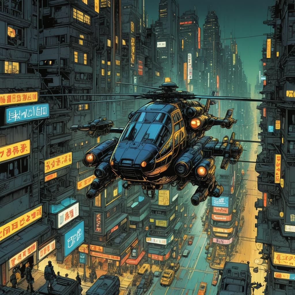 Neon Cityscape Hover Taxi in Comic Art Style