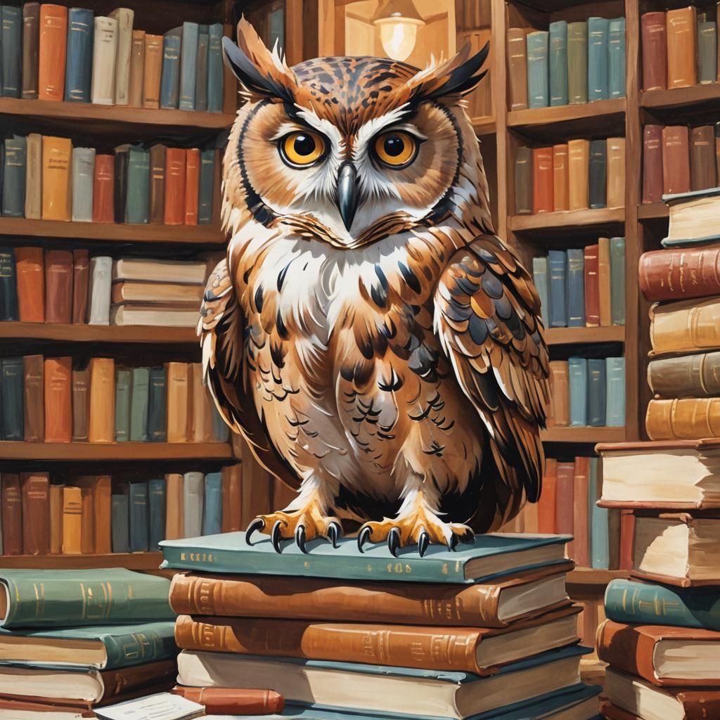 Owl Reading in Cozy Library, Gouache Illustration
