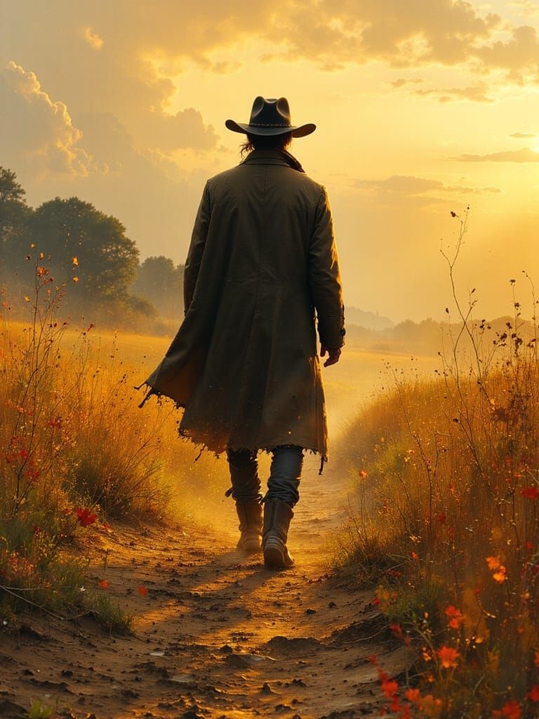 Cowboy Walks at Sunrise in Oil Painting Style