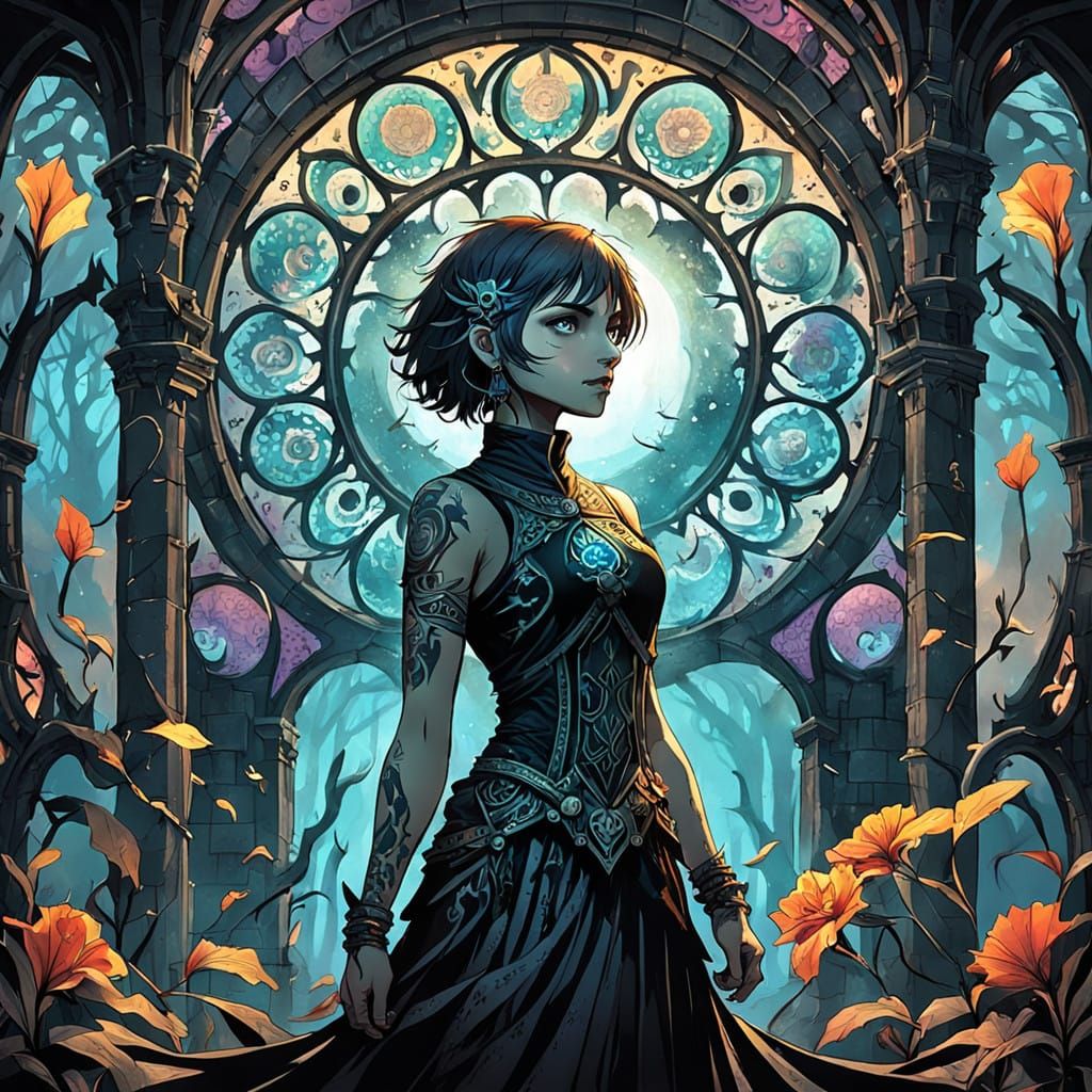 Girl Stands Amidst Ancient Ruin in Vibrant Art Nouveau Style