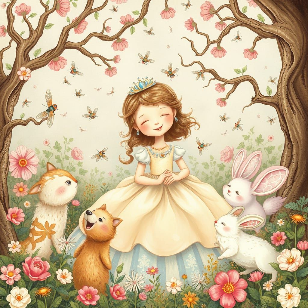 Whimsical Princess Surrounded by Fuzzy Creatures in Pastel-H...
