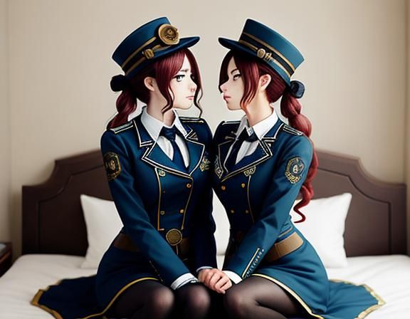 Steampunk Anime Twins Kissing in Bedroom