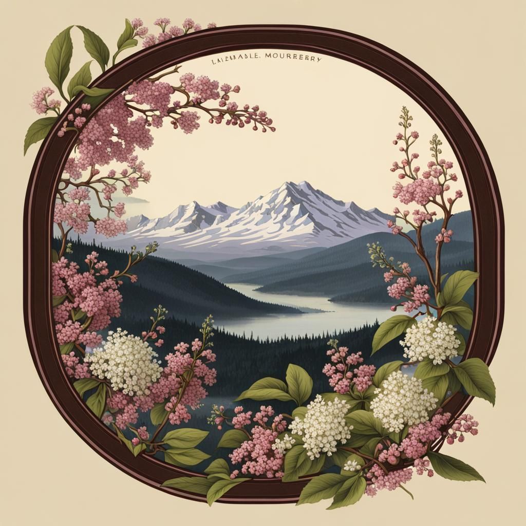 Oval Label with Mountain Peaks and Floral Frame