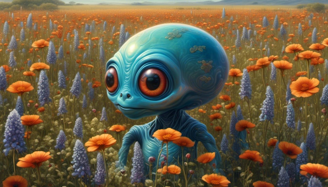 Friendly Blue Alien Portrait in a Vibrant Meadow