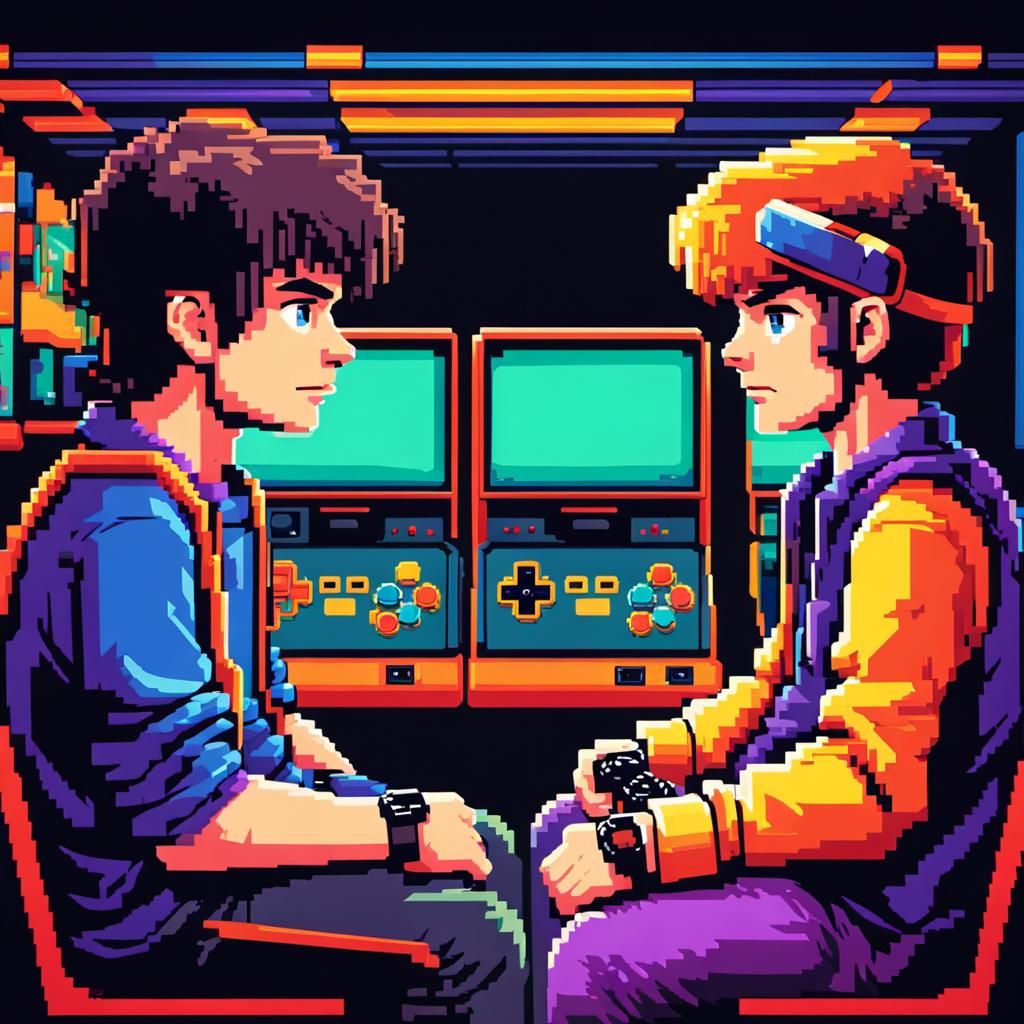 Retro 8-Bit Video Game Players in Neon Arcade