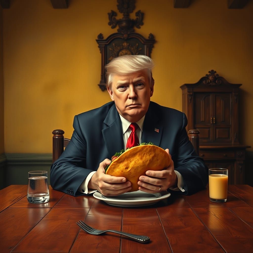 Donald Trump Enjoys a Taco, Oil Painting Style
