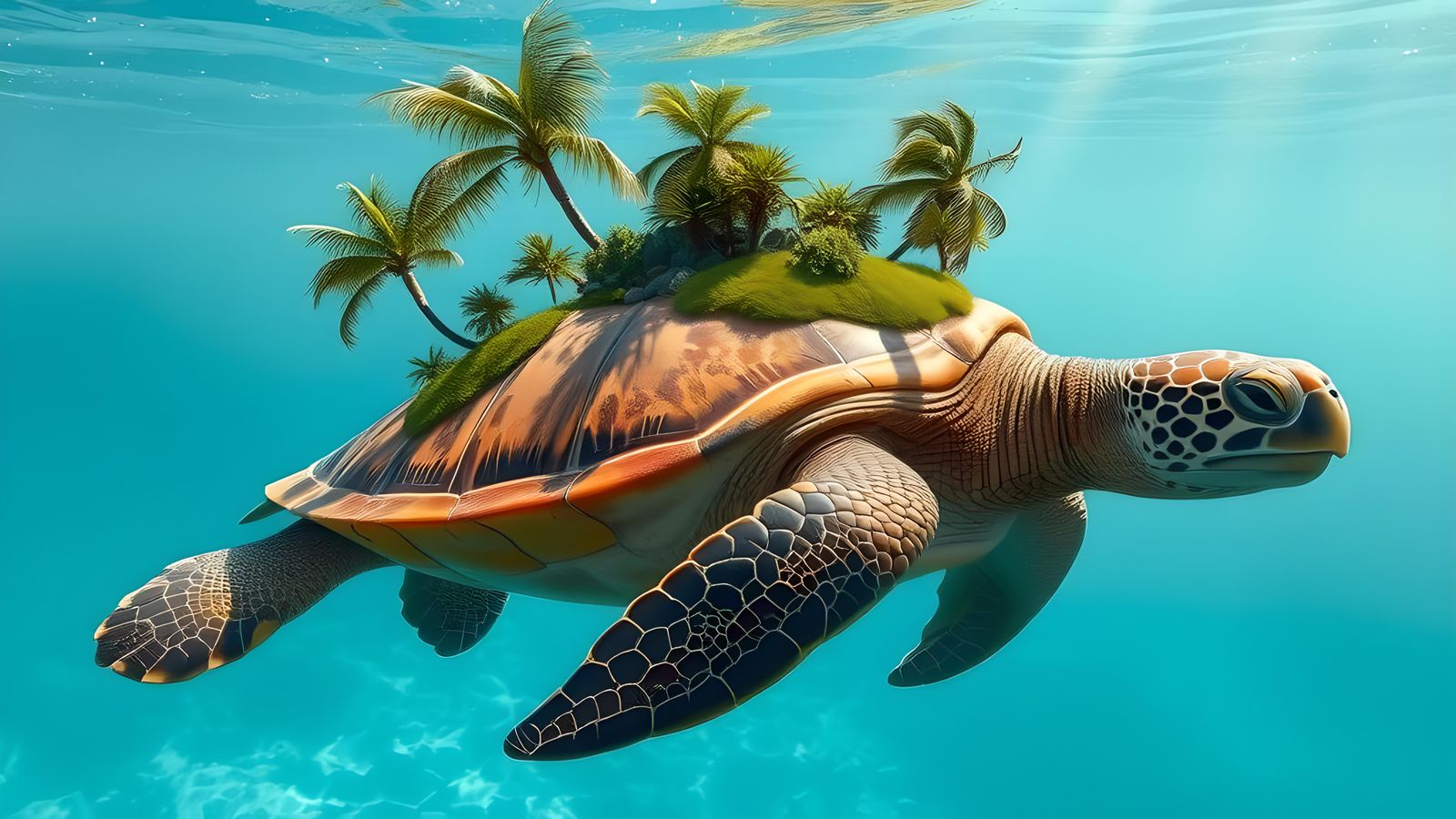 Sea Turtle Carries Island in Tropical Waters