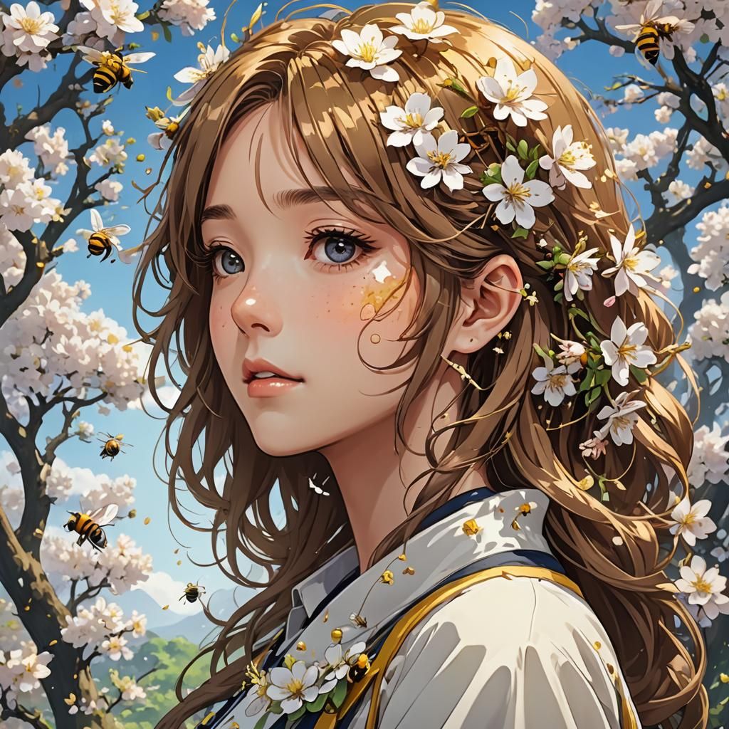 Anime Portrait: Woman with Honey, Blossoms and Bees