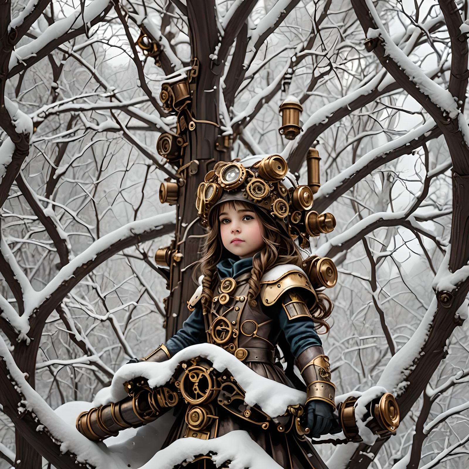 Girl on Snowy Tree Swing with Steampunk Engine