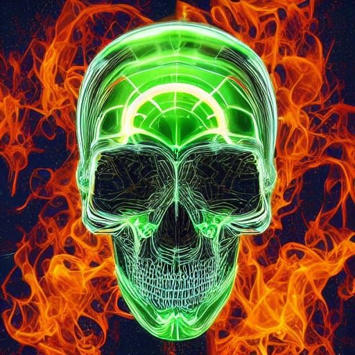 Skeletal Figure in Flames, Futuristic Digital Art