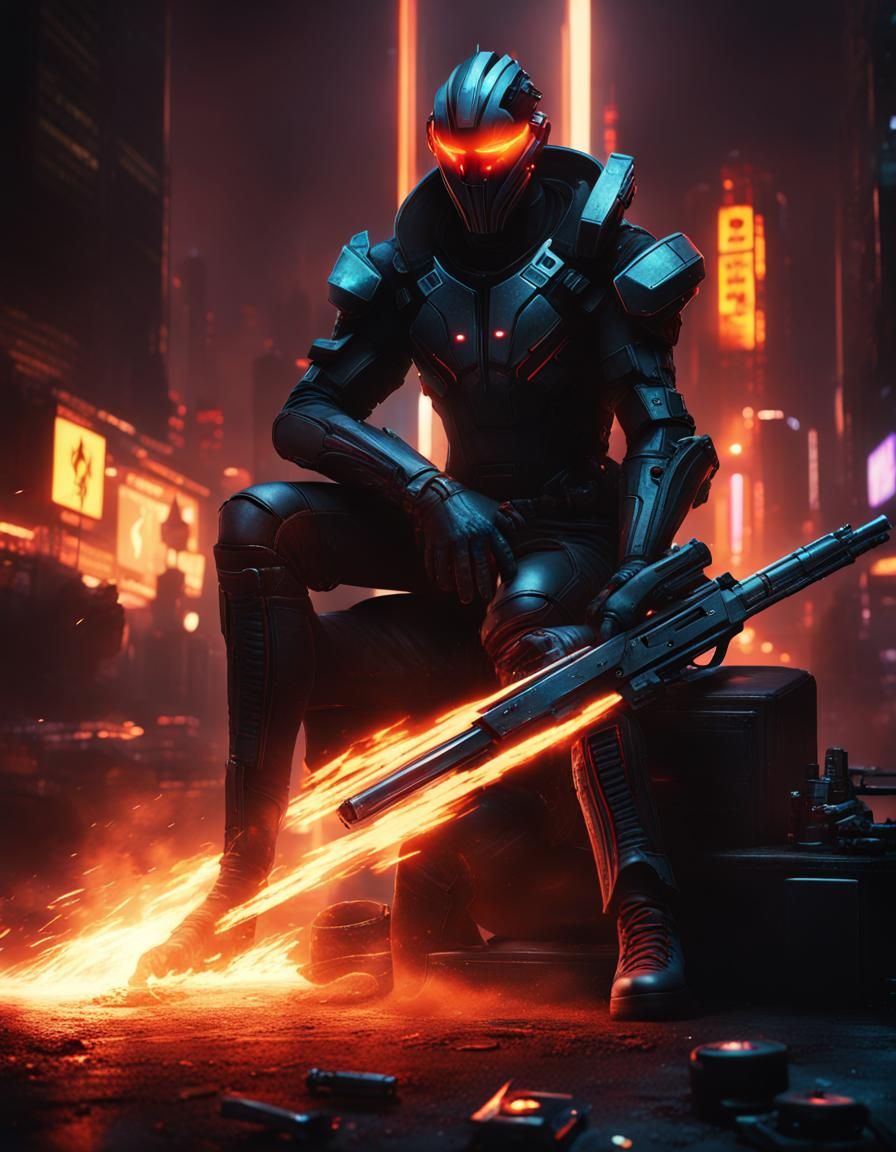 Cyberpunk Knight in Sci-Fi Cityscape