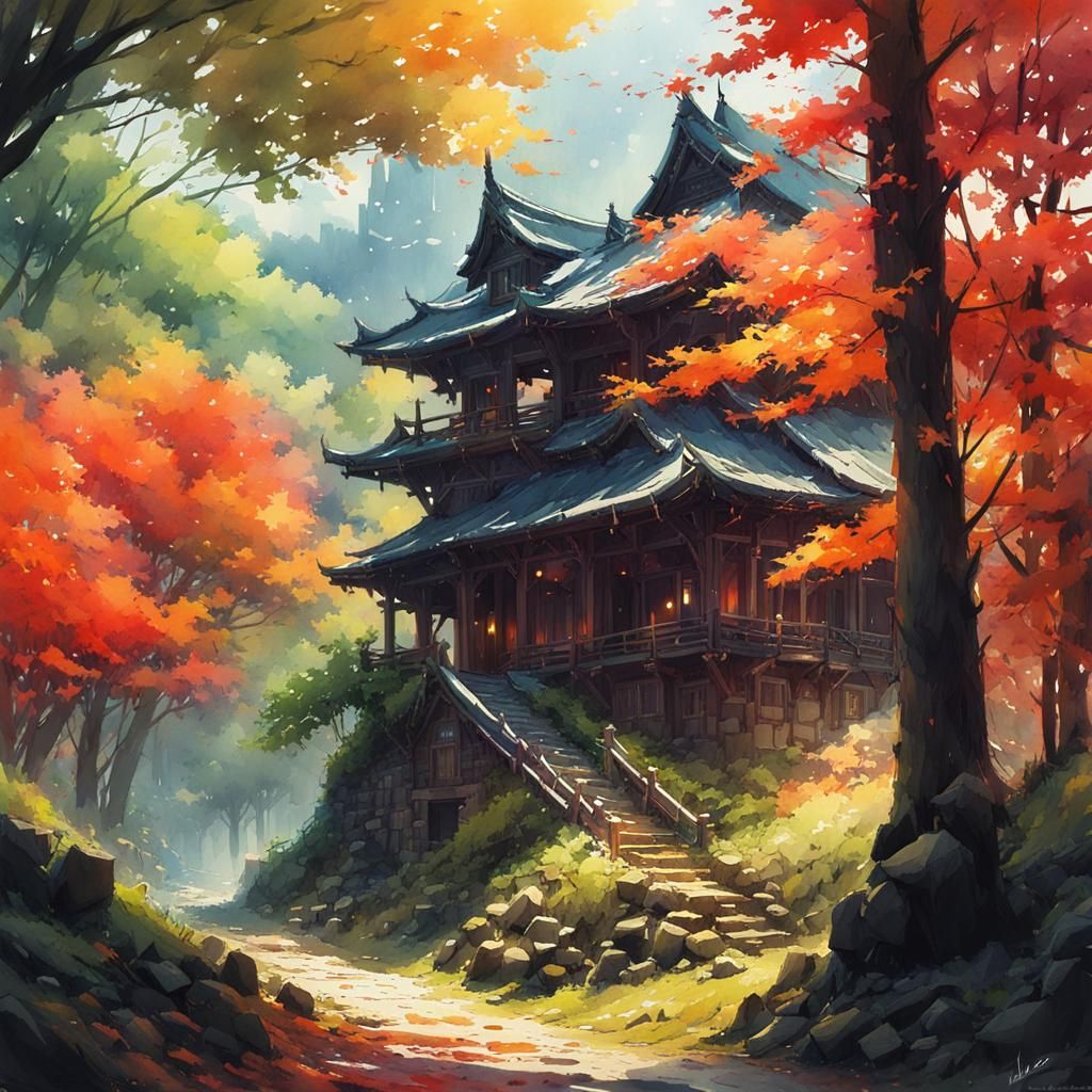 Watercolor Forest Scene in Vibrant Autumn Colors