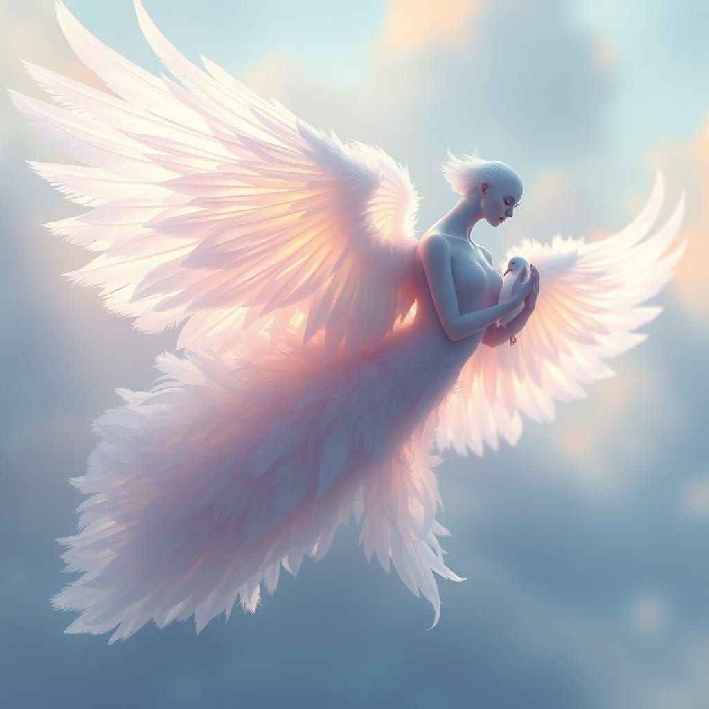 Ethereal Pigeon Feather Goddess in Soft Lavender Hues