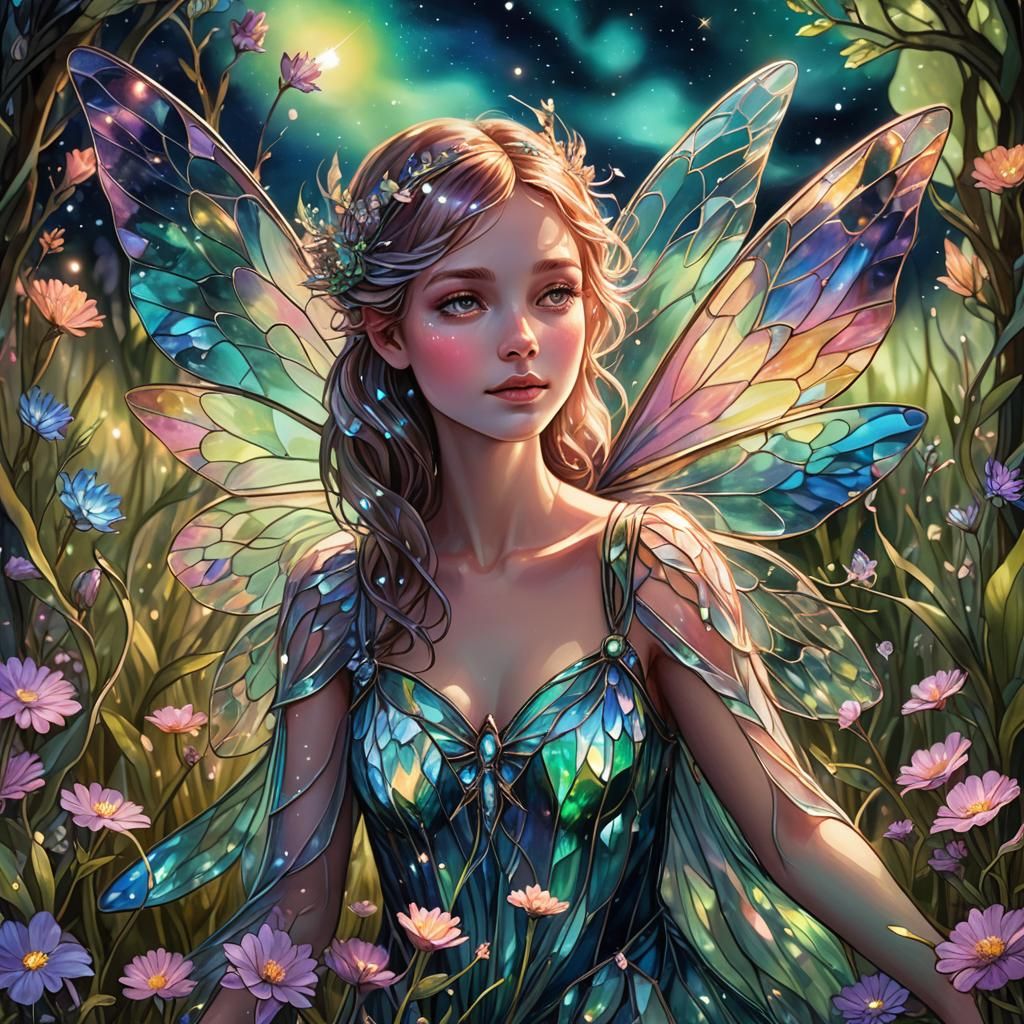 Luminescent Glass Fairy in Dreamy Meadow