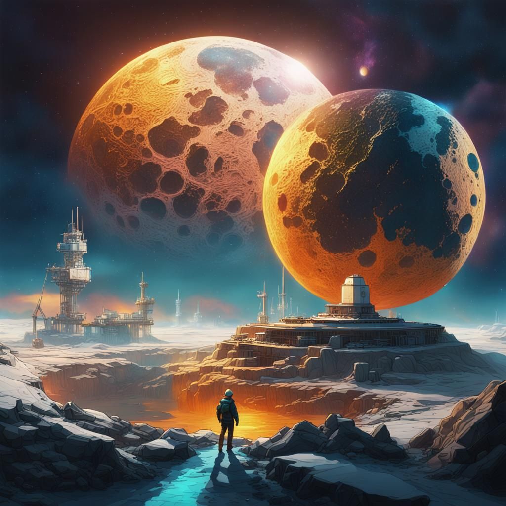 Spectacular City on Rock Slab Orbiting Ice Moon