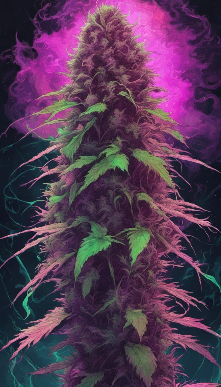 Bioluminescent Marijuana Bud in Neon Inks