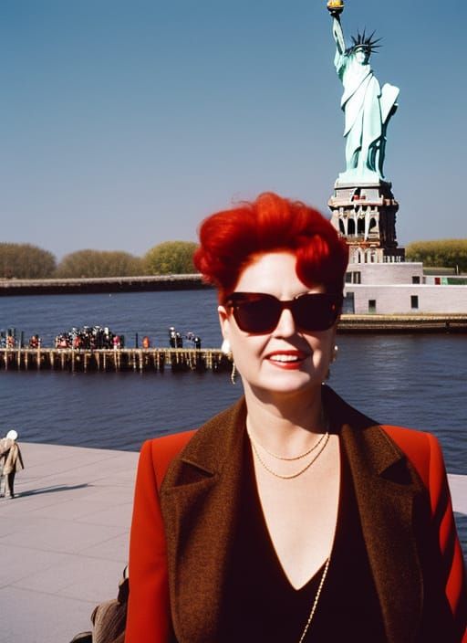 Woman with Statue of Liberty in 35mm Film