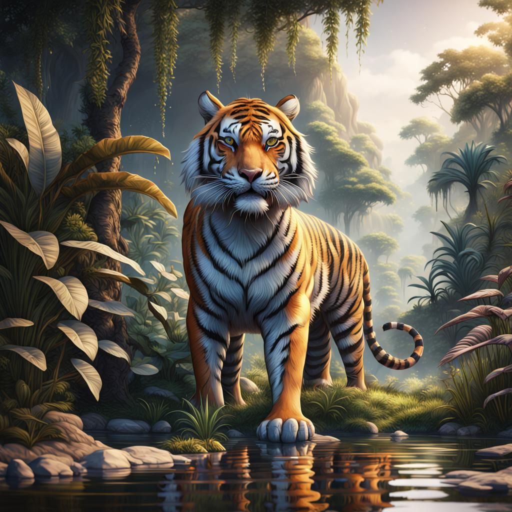 Tiger Drinking in Jungle: Detailed Matte Painting