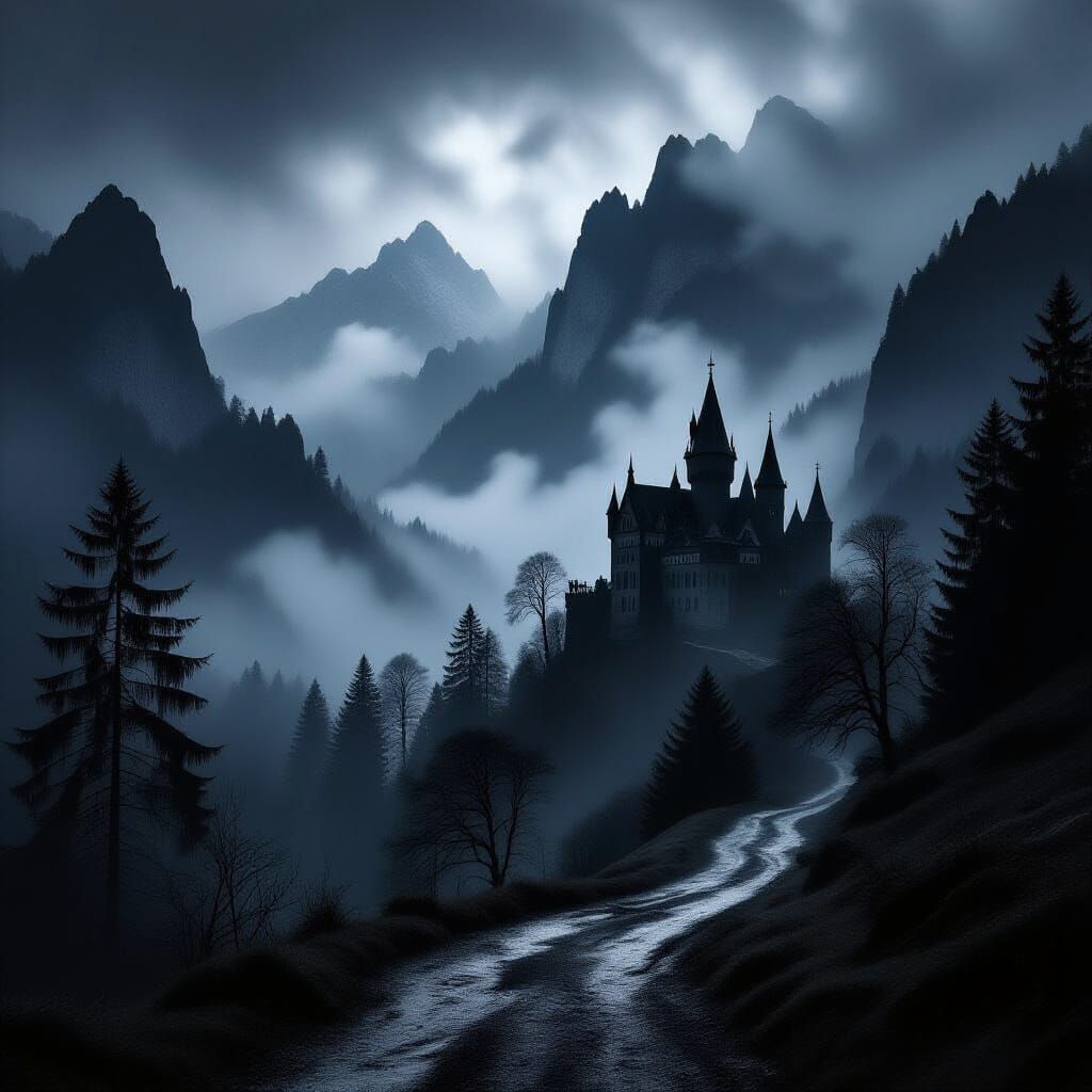 Moody Black and White Transylvanian Castle Landscape