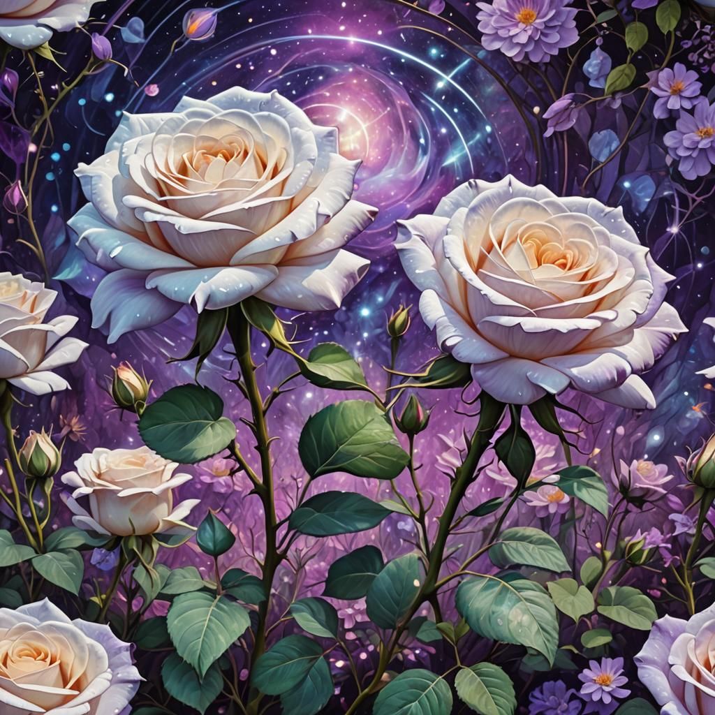 Twin White Roses in Holographic Astral Garden